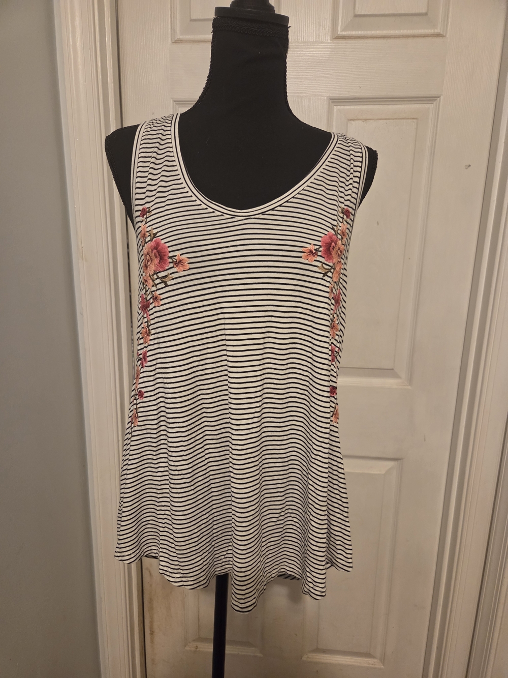 American Eagle Outfitters Black & White Striped Tank with Pink Floral Embroidery